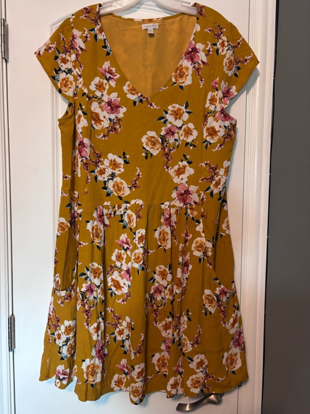 Garnet Hill Mustard Floral Dress Pockets Boho Cottagecore Size 12